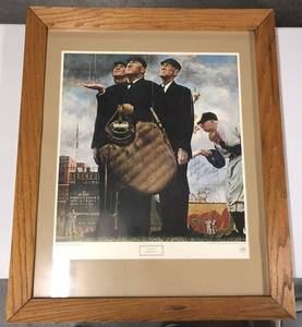 lot 1081 image: Saturday Evening Post Game Called Because of Rain Framed Reprint Poster Signed By Frank White in 1983 - Nice Piece of Artwork
