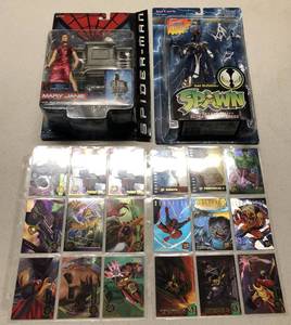 lot 1113 image: Collection of Two Figures New In Package - Spawn & Spiderman - Collection of 18 Trading Cards as Well