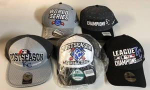 lot 1026 image: Five Kansas City Royals Championship Hats - World Series - Postseason - Brand New Flexfit & Snapback - All for One Money