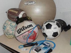 lot 5873 image: Asst Sport Balls, Jump Rope, Pedometer