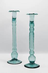 lot 2052 image: Hand Blown Light Blue Glass Candlesticks 13.5 and 14 Tall