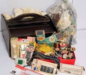 lot 2028 image: Vintage Sewing Lot With Wooden Sewing Box FULL of goodies