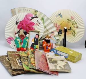 lot 2083 image: Chinese Fans, 2 Boxes of Vintage Chinese Silk Ornaments, Ukiyoe Art Book and 6 Japanese Paper Wallets