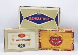 lot 2092 image: 3 Vintage Cigar Boxes Lord Clinton, King Edward, Royalist Duke