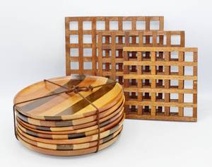 lot 2117 image: 8 wood plates and 3 Wood Trivets
