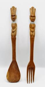 lot 2123 image: 2 Hand Carved Wood Salad Serving Set Tribal Native Art