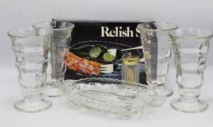 lot 2130 image: Vintage Kitchenwares Relish Tray, 4 Sundae Glasses and Glass Toothpick Holder