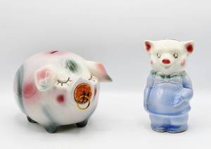 lot 2146 image: Vintage 1957 Hull Pottery Corky Pig Piggy Bank Original Cork Nose and  smaller Piggy Bank