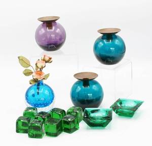 lot 2180 image: Art Glass Lot - Bubble Glass Bud Vase, Candle Holders and Small Green Glass Cubes
