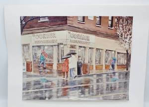 lot 2237 image: Tess Miller Corner Restaurant Print - Depicting Westport Rd & Broadway KCMO in 1992
