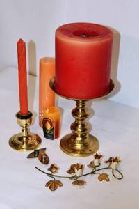 lot 2141 image: Assorted Lot of Brass Candle Holders and Candles