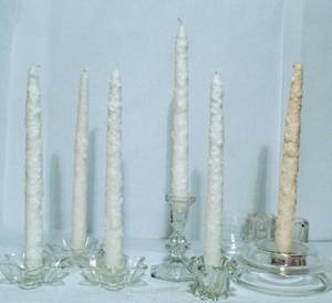 lot 2163 image: Assorted Clear GlassCrystal Candle Holders and 5 Matching Tapers
