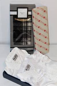 lot 2060 image: New Mens Christian Dior Wool Muffler, Italys Gino Paoli White Skinny Vintage Tie and 2 Karl Ross Creations Silk Dress Shirts