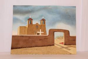 lot 2210 image: Ed Layton Signed Painting of Santa Fe Church