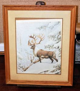 lot 2214 image: Large Oak Framed and Matted Picture of Elk on Snowy Mountain