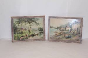 lot 2201 image: Set of 2 Framed Pictures in Aged Wood Frames