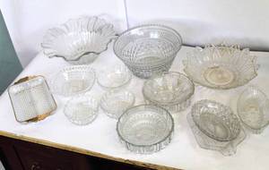 lot 2314 image: 15 pc Lot - Jeanette Glass National Pattern Relish Tray and Variety of Crystal Bowls and Dishes