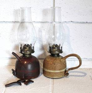 lot 2325 image: 2 Signed Pottery Hurricane Lamps