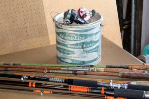 lot 2271 image: Brand New Vintage Daiwa Rod REGAL 5325 HCG 8.0, Olympic - 3010 New Vintage Spinning Pole, Alumi-Lite Minnow Bucket, Vintage True Temper, Vintage Shakespeare Wonder Cast Reel, Vintage JC Higgins Reels and more