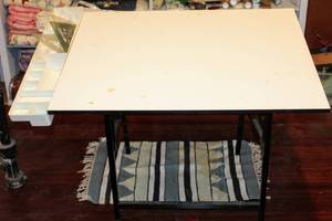 lot 2321 image: ALVIN Space Saver Fold Away Drawing Table with side Organizer and Bruning Drafting Machine by Charles Bruning Company