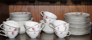lot 2306 image: Assorted Rosechintz by Meito China, 8 Small Bowls, 8 Soup Bowls, 16 SaladDessert Plates, 11 Cups and 7 Saucers