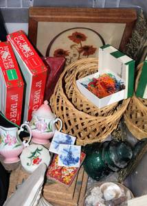 lot 2324 image: Variety Lot Including Candles, Wicker Baskets, Nativity Scene, Porcelain, Wall Decor, Mirror and more