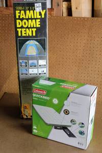 lot 2266 image: Camping Gear, Family Tent and New in Box Queen Size Air Mattress