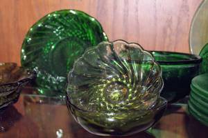 lot 2300 image: Assorted Green Glass Lot with 7 Plates, 2 Saucers, and 5 Bowls of Assorted Designs