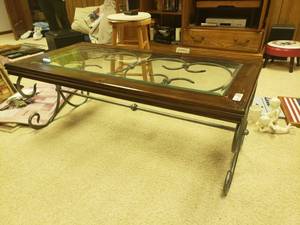 lot 5259 image: Glass Top Coffee Table Iron Legs