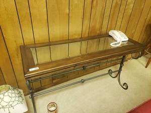 lot 5261 image: Glass Top Entry Hall Table Iron Legs