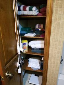 lot 5578 image: Lot of Bath Towels and Scale with Hair Appliances