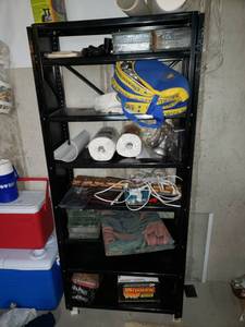 lot 5585 image: Black Metal Shelf -Contents Included