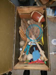 lot 5606 image: Vintage Wooden Trunk with Sports Goodies