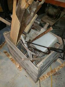 lot 5612 image: Holland Wooden Crate with Vintage Saws and Tools