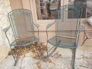 lot 6002 image: Set of 2 Green Wrought Iron Rocking Chairs