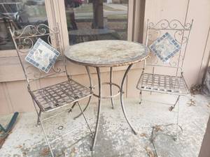 lot 6004 image: Mosaic Iron Table with 2 Matching Chairs