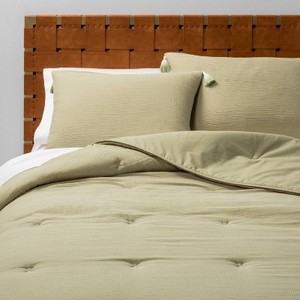 lot 3260 image: Solid Cotton Gauze Tasseled Comforter Set, Sage, Full  Queen - Opalhouse