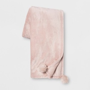 lot 4038 image: Solid Plush With Faux Fur Poms Throw Blanket, Blush - Opalhouse