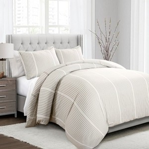 lot 4066 image: 3pc Drew Stripe Duvet Cover Set Taupe, King - Lush Decor