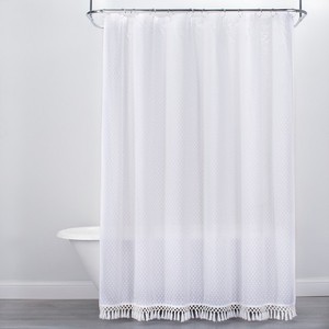 lot 4062 image: Textured Dot Fringed Shower Curtain, White - Opalhouse