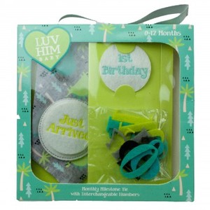 lot 4098 image: Luv Him Baby Monthly Milestone Tie Gift Set, Dinosaur