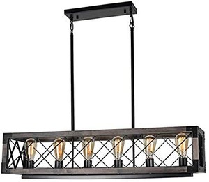 lot 13359 image: Beuhouz Long Wood Chandelier Light for Kitchen Island, Metal Farmhouse Dining Room Lighting Rectangle Rustic Chandelier Billiard Light 6 Lights Edison E26 8001A