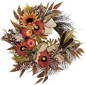 lot 13366 image: Valery Madelyn 24 inch Fall Wreath with Sunflower, Pumpkin, Berry Clusters, Maple Leaves, Harvest Wreath for Front Door and Thanksgiving Decorations