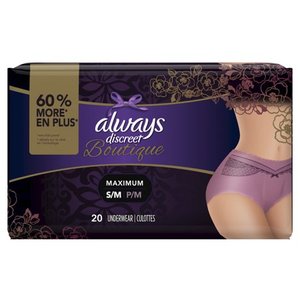 lot 13429 image: Always Discreet Boutique, Incontinence & Postpartum Underwear for Women, Maximum Protection, Purple, Small  Medium, 20 Count