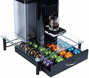 lot 13435 image: GEESTA Solid Iron Drawer and Tempered Glass Top Large-Capacity Nespresso Coffee Capsule Storage Drawer Holder, Fits Up to 44 Nespresso Pods