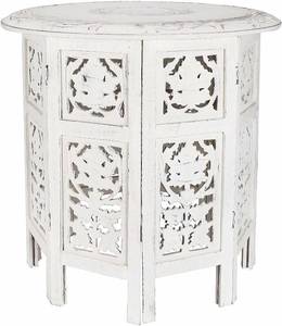 lot 13494 image: Solid Wood Hand Carved Accent Table, Side Table, entryway Table, Wooden end Table, Bedside Table, Octagonal Wooden Table - 18 Inch Round Top x 18 Inch High - Antique White
