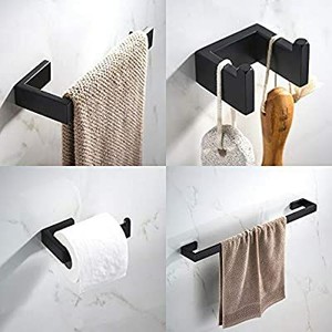 lot 13517 image: JunSun 4-Piece Bathroom Accessory Set (Towel Bar Toilet Paper Holder Robe Hook Towel Holder) Contemporary Bathroom Hardware Accessories Sets Wall Mounted - Stainless Steel Matte Black