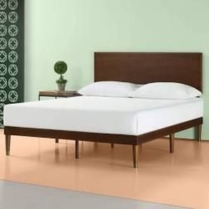 lot 22934 image: Zinus Deluxe Mid-Century Wood Platform Bed with Adjustable height Headboard, no Box Spring needed, King