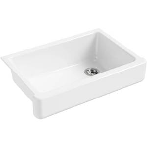 lot 23599 image: KOHLER K-5826-0 Whitehaven Self-Trimming Under-Mount Single-Bowl Sink with Short Apron, White