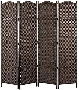 lot 23614 image: MyGift Freestanding Bamboo Woven Textured 4-Panel Partition Room Divider Folding Privacy Screen, Dark Brown